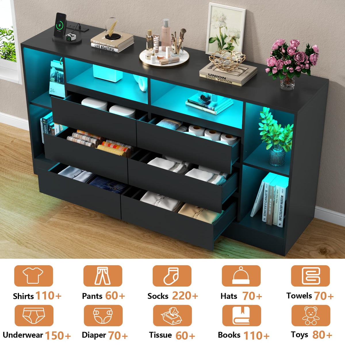 Black 6 Drawer Dresser with Open Storage Cubbies B21220