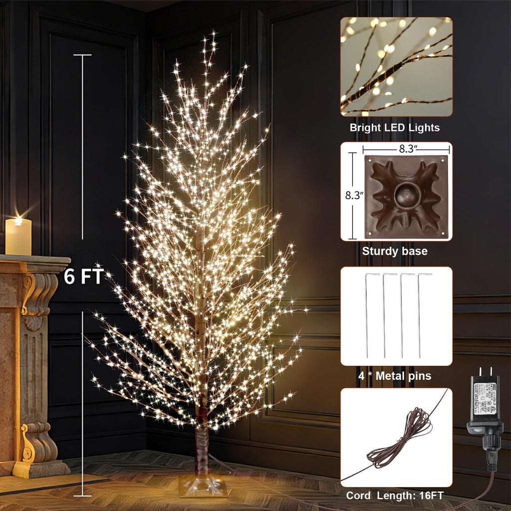 6FT Brown Lighted Birch Tree 1300LEDs Warm White Lights O503693