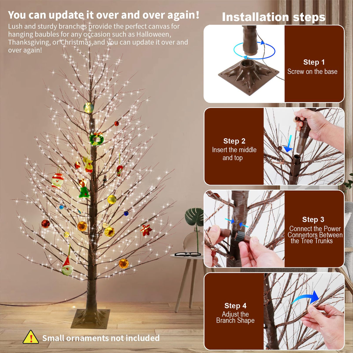 6FT Brown Lighted Birch Tree 1300LEDs Warm White Lights O503693