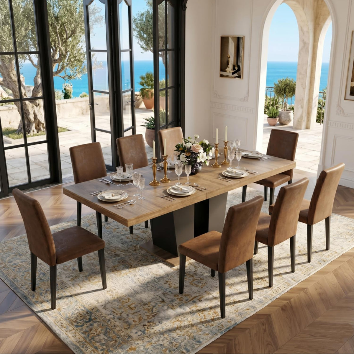 9 Piece Extendable Dining Table Set with 8 Upholstered Chairs M6005