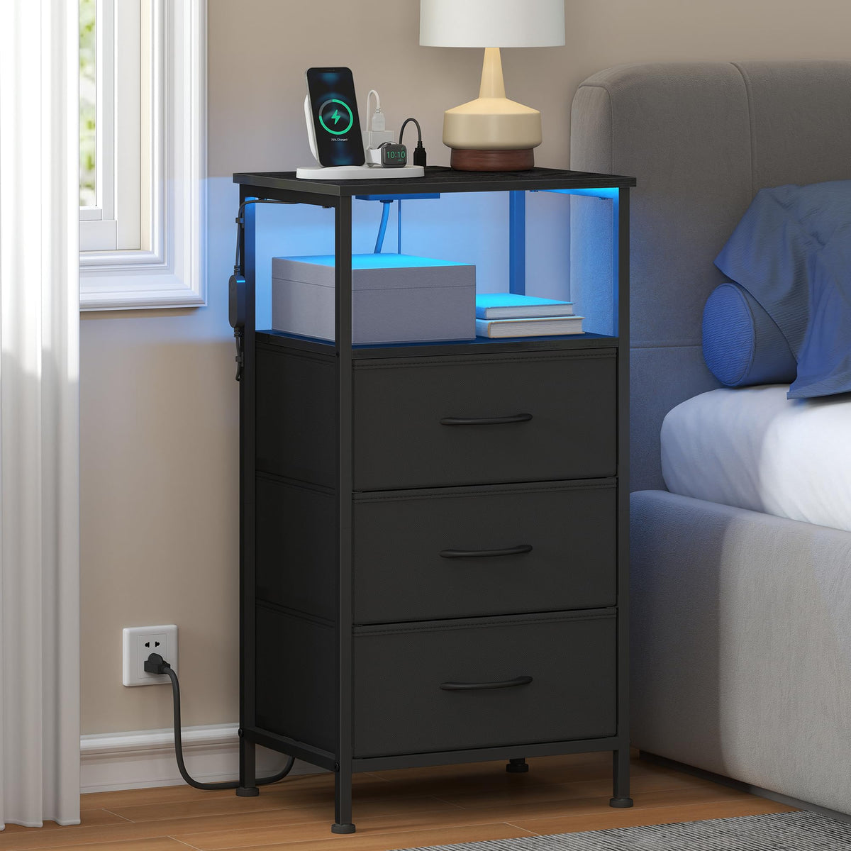 Nightstand with Charging Station, 3 Fabric Drawers I882658