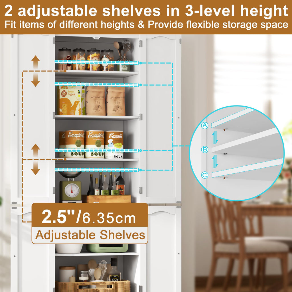 White 72" Kitchen Pantry Cabinet with Doors and Adjustable Shelves X728