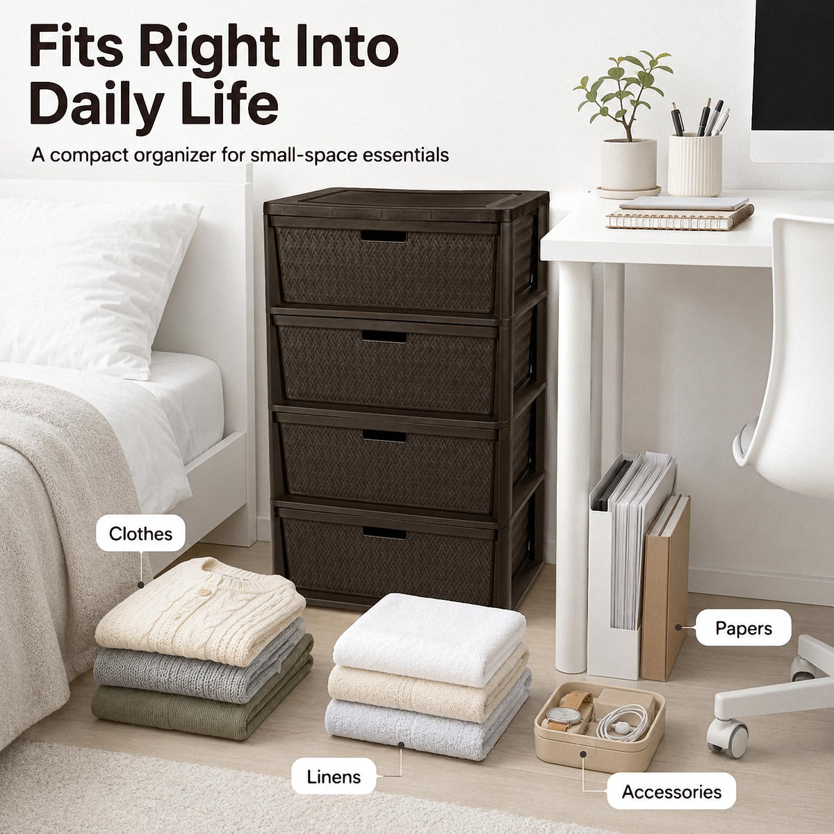 4 Drawer Brown Plastic Storage Tower E650