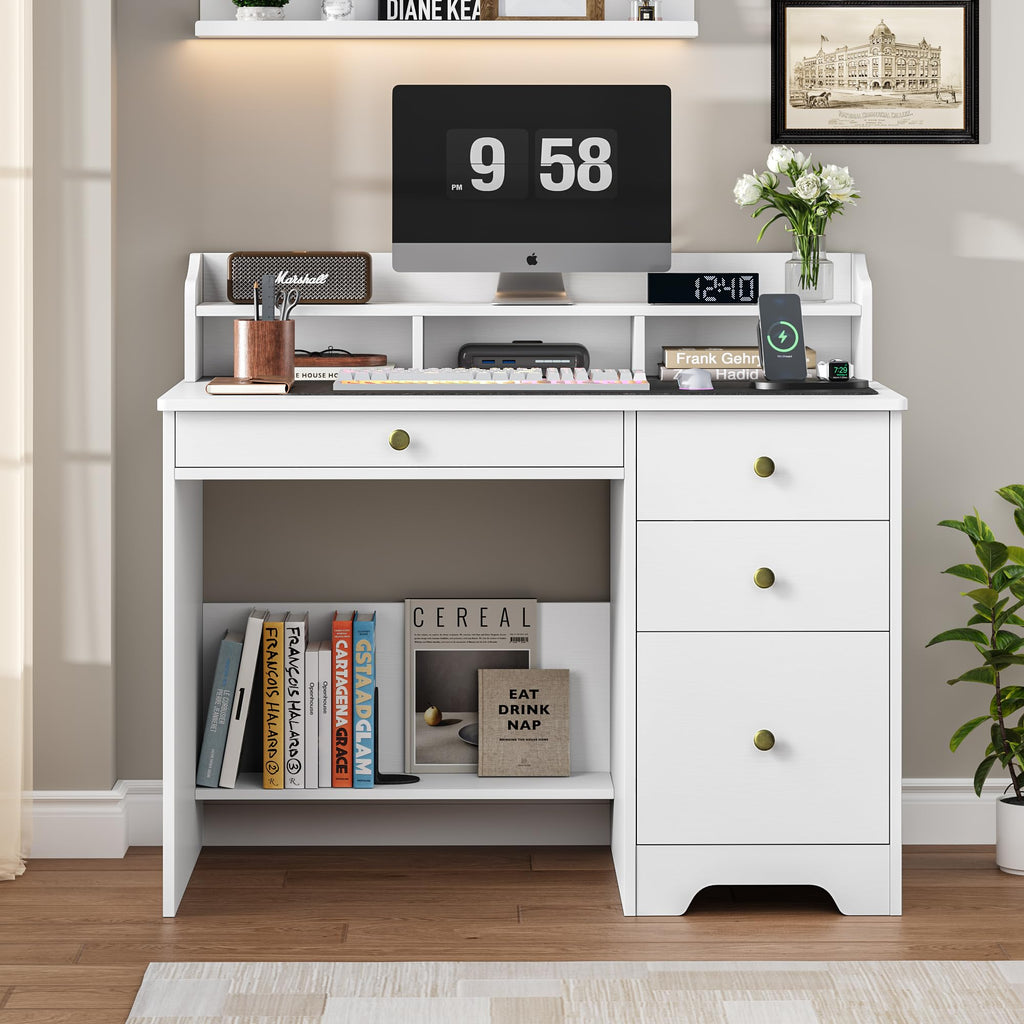 White Computer Desk with Drawers and Hutch Shelf M142251