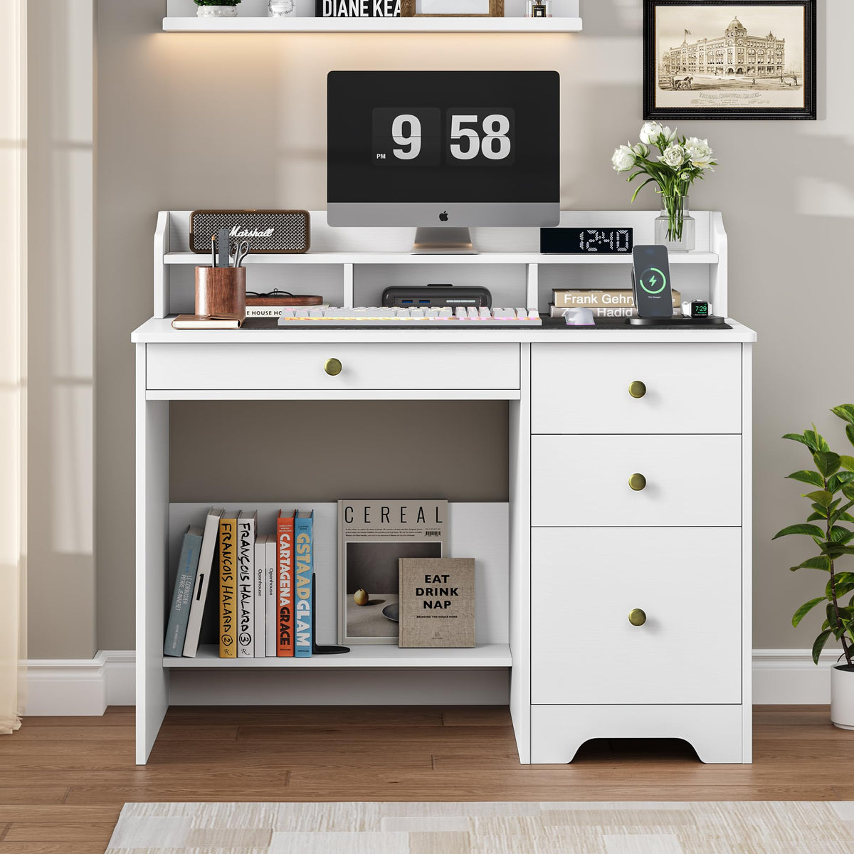 White Computer Desk with Drawers and Hutch Shelf M142251