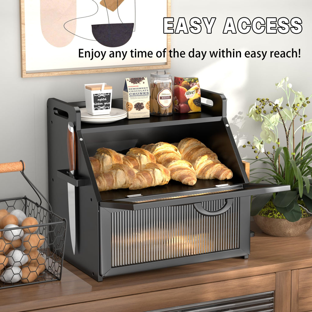 Large Black Wooden Bread Box with Acrylic Window A898