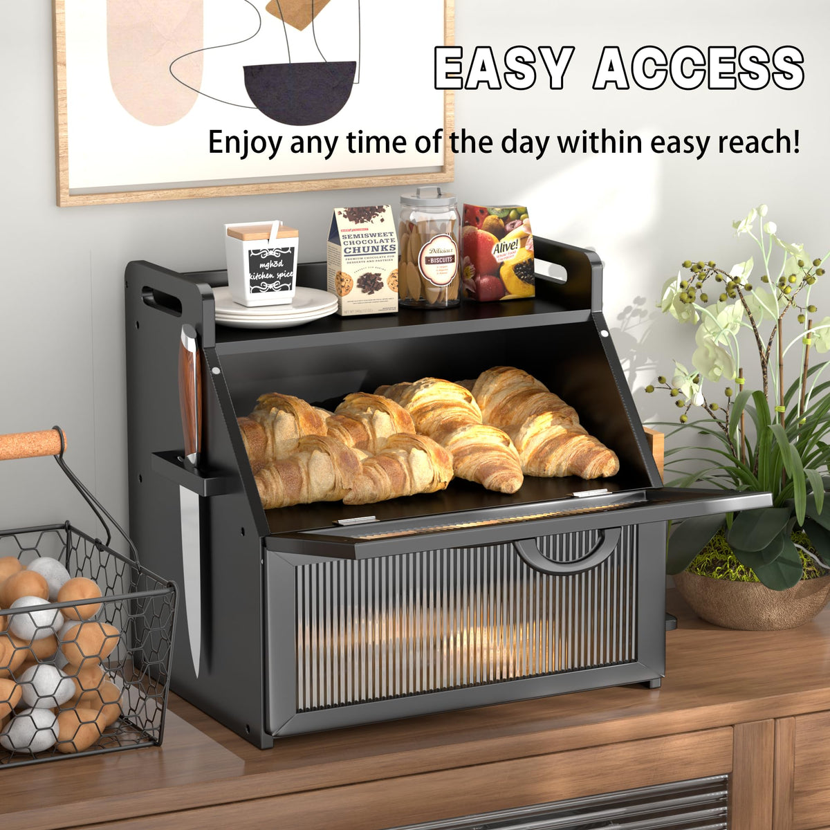 Large Black Wooden Bread Box with Acrylic Window A898
