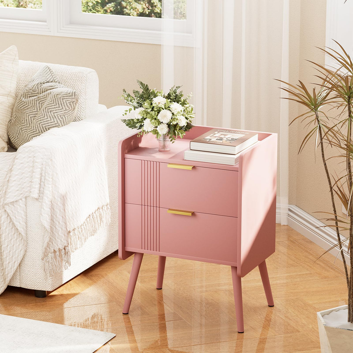 Pink 2 Drawer Wooden Nightstand R87325
