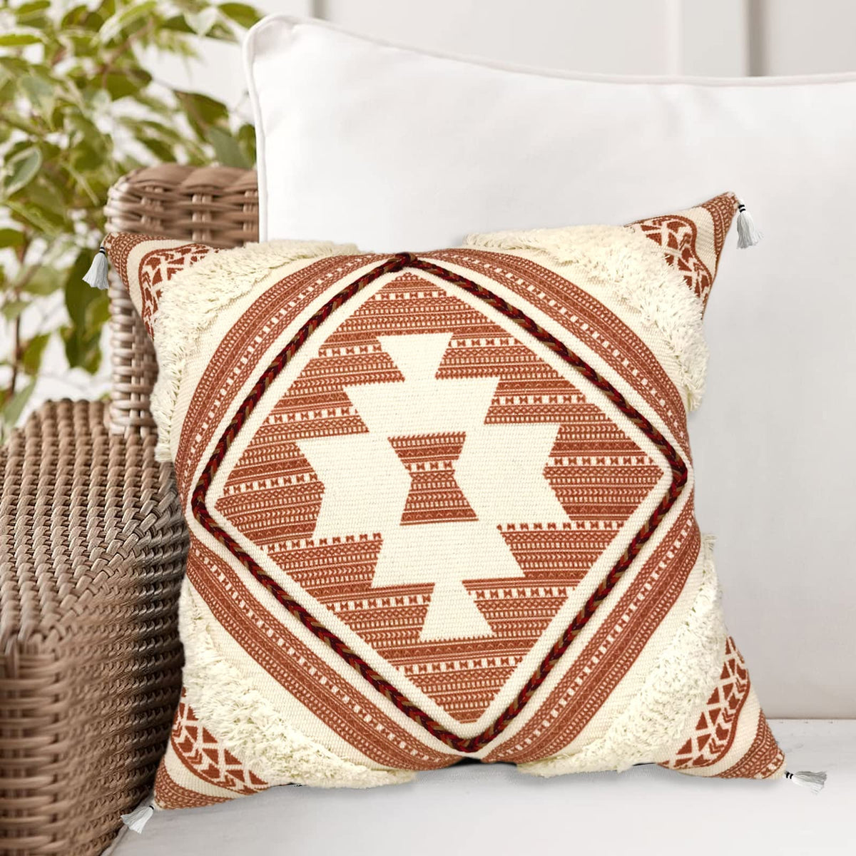 Boho Decorative Throw Pillow Cover with Tassels Fringe 18''x18'' Q369254