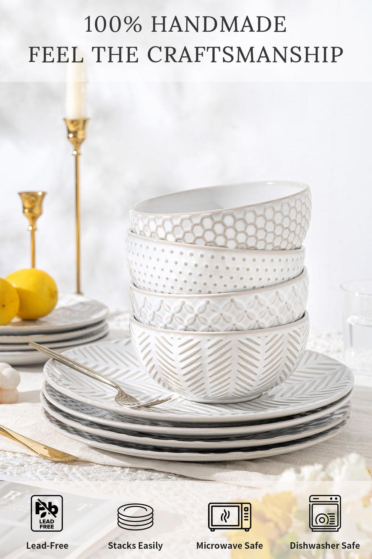 12 Piece Embossed Stoneware Dinnerware Sets for 4 J955
