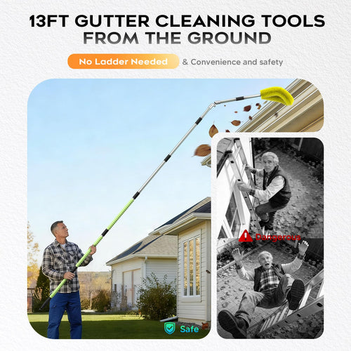 13ft Gutter Cleaning Tools with Replaceable Brush Rake Scoop, 180° Adjustable Angle, Yellow G59928