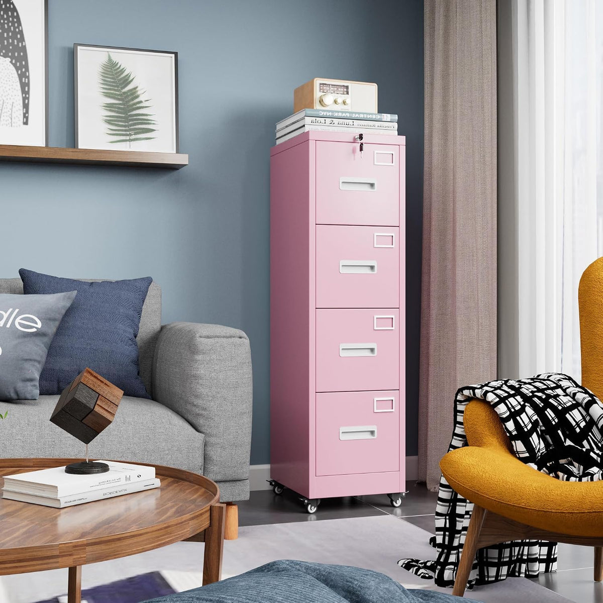 Pink 4-Drawer Metal File Cabinet with Lock and Wheels J50637