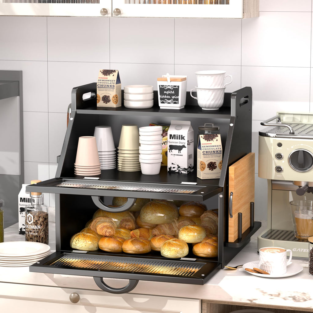 Large Black Wooden Bread Box with Acrylic Window A898