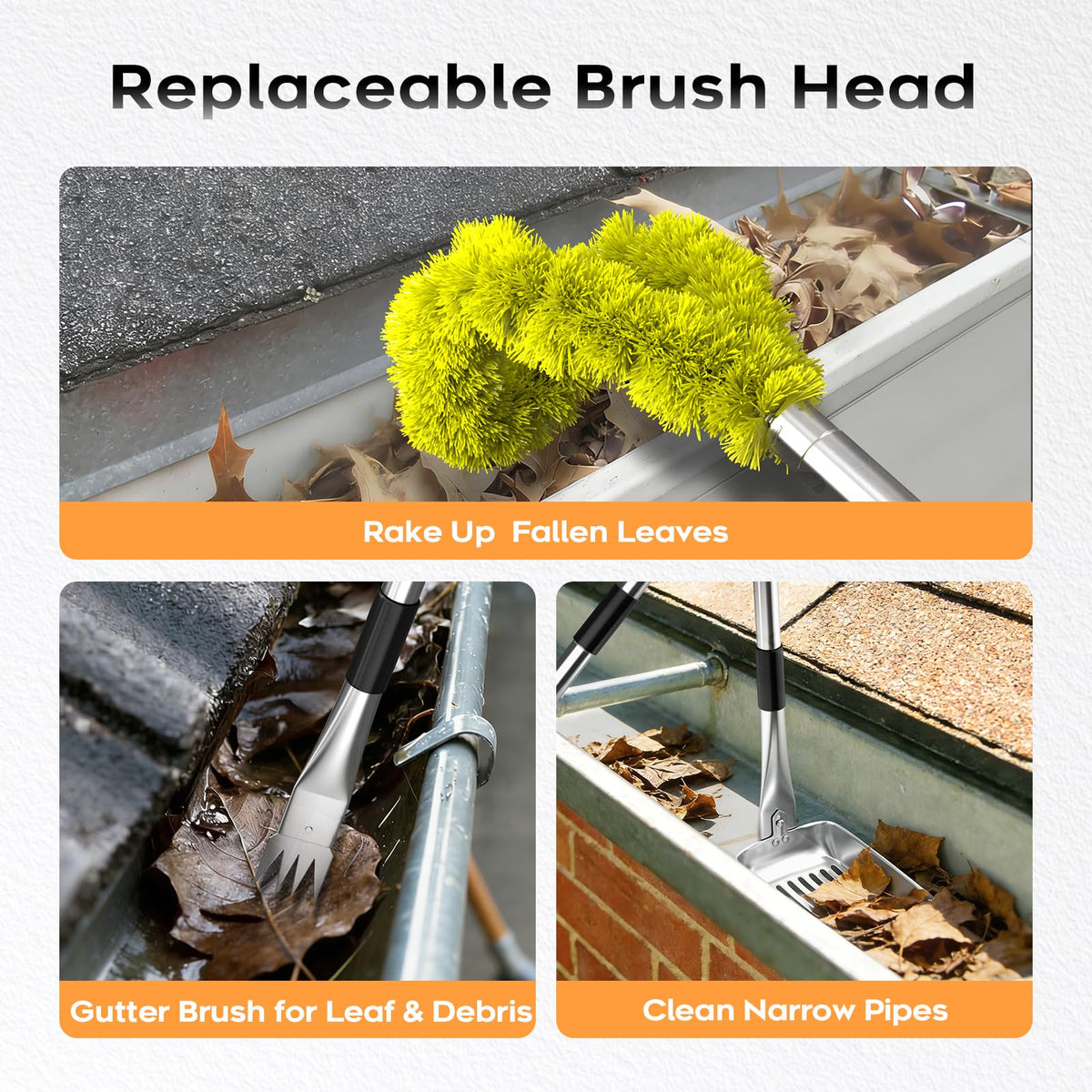 13ft Gutter Cleaning Tools with Replaceable Brush Rake Scoop, 180° Adjustable Angle, Yellow G59928