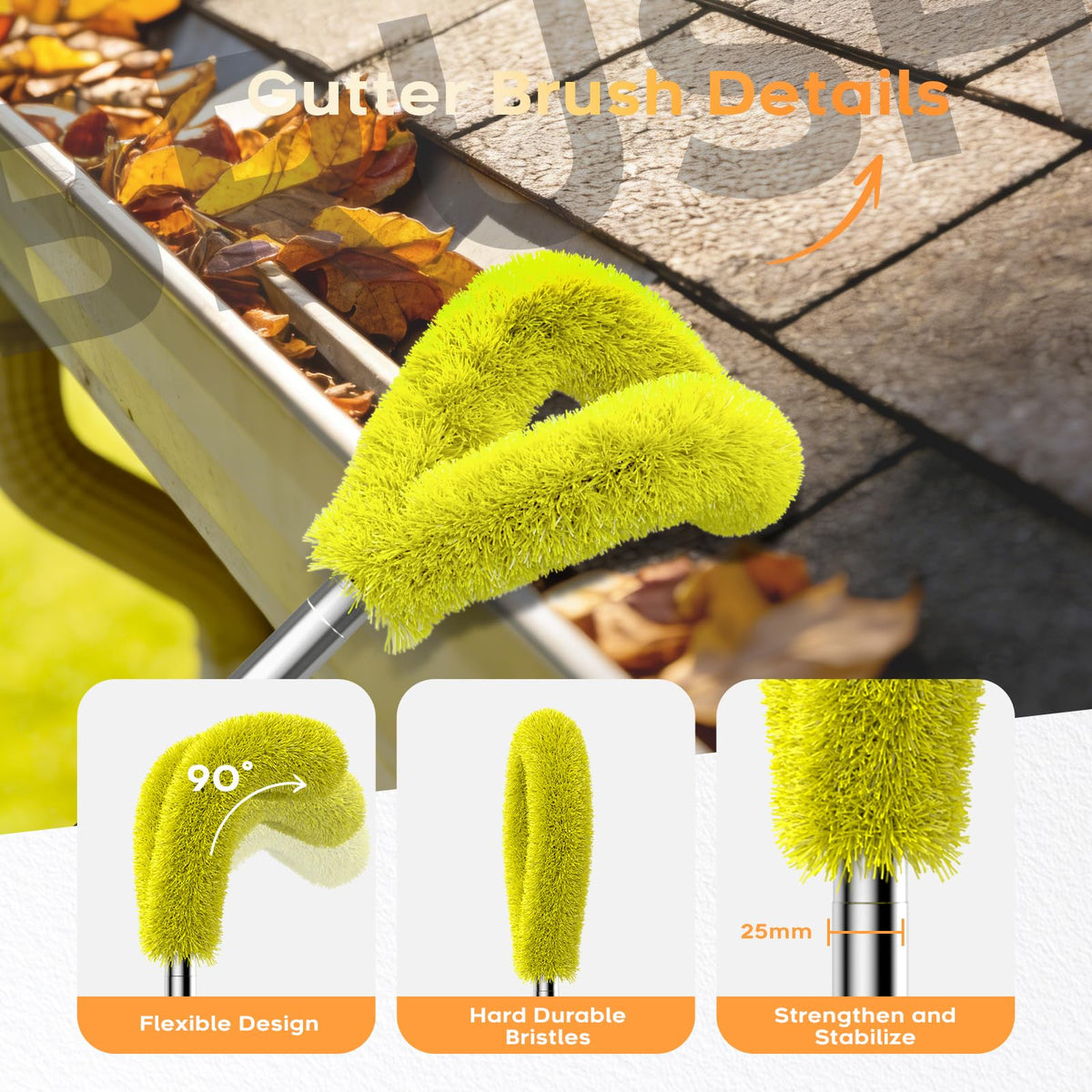 13ft Gutter Cleaning Tools with Replaceable Brush Rake Scoop, 180° Adjustable Angle, Yellow G59928