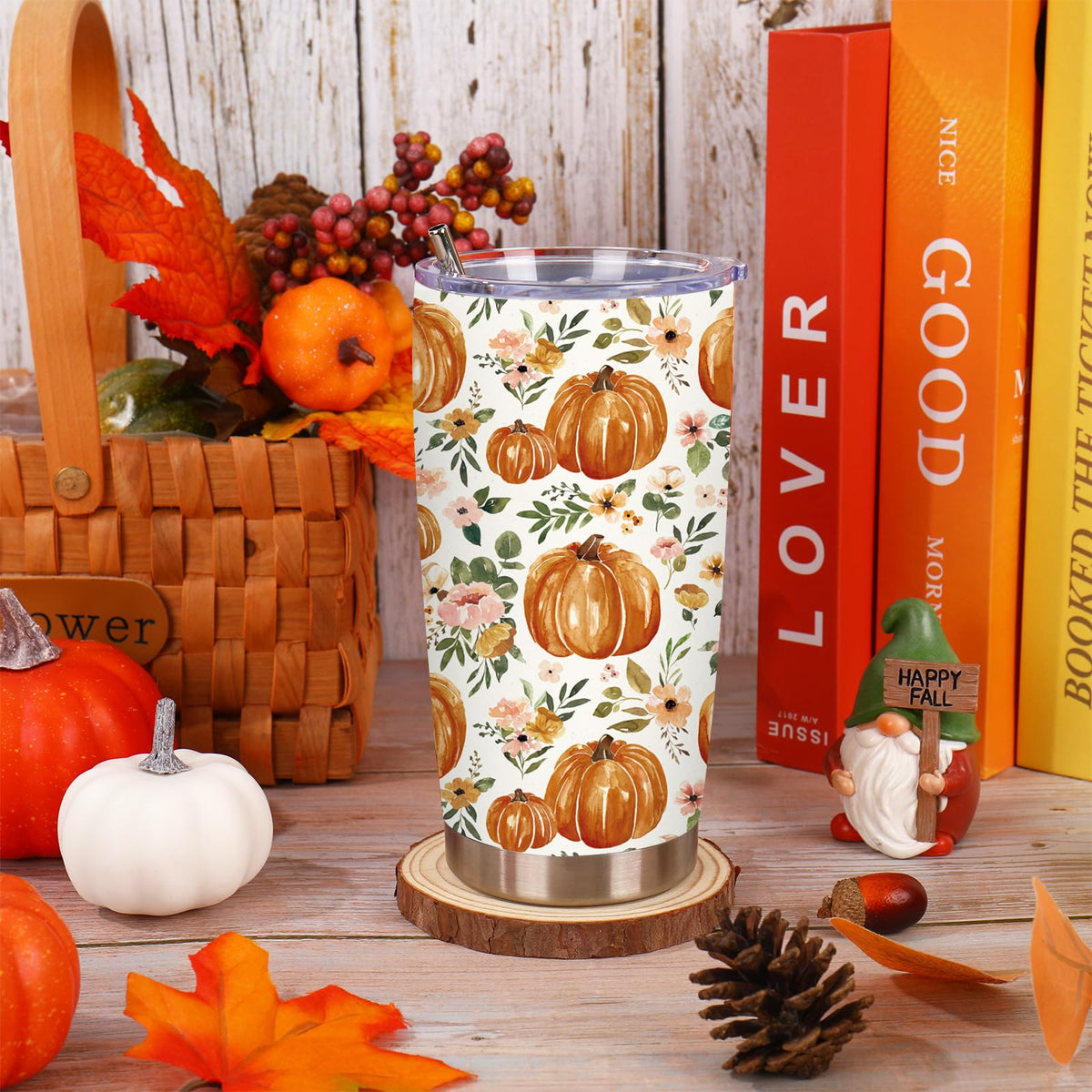 20 Oz Floral Pumpkin Tumbler with Lid Straw P356