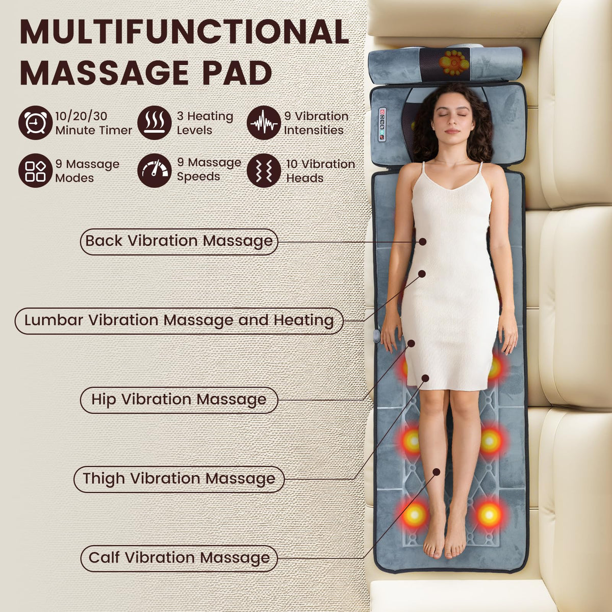 Full Body Massage Cushion with Heat, 10 Vibration Heads, 9 Speeds M9569