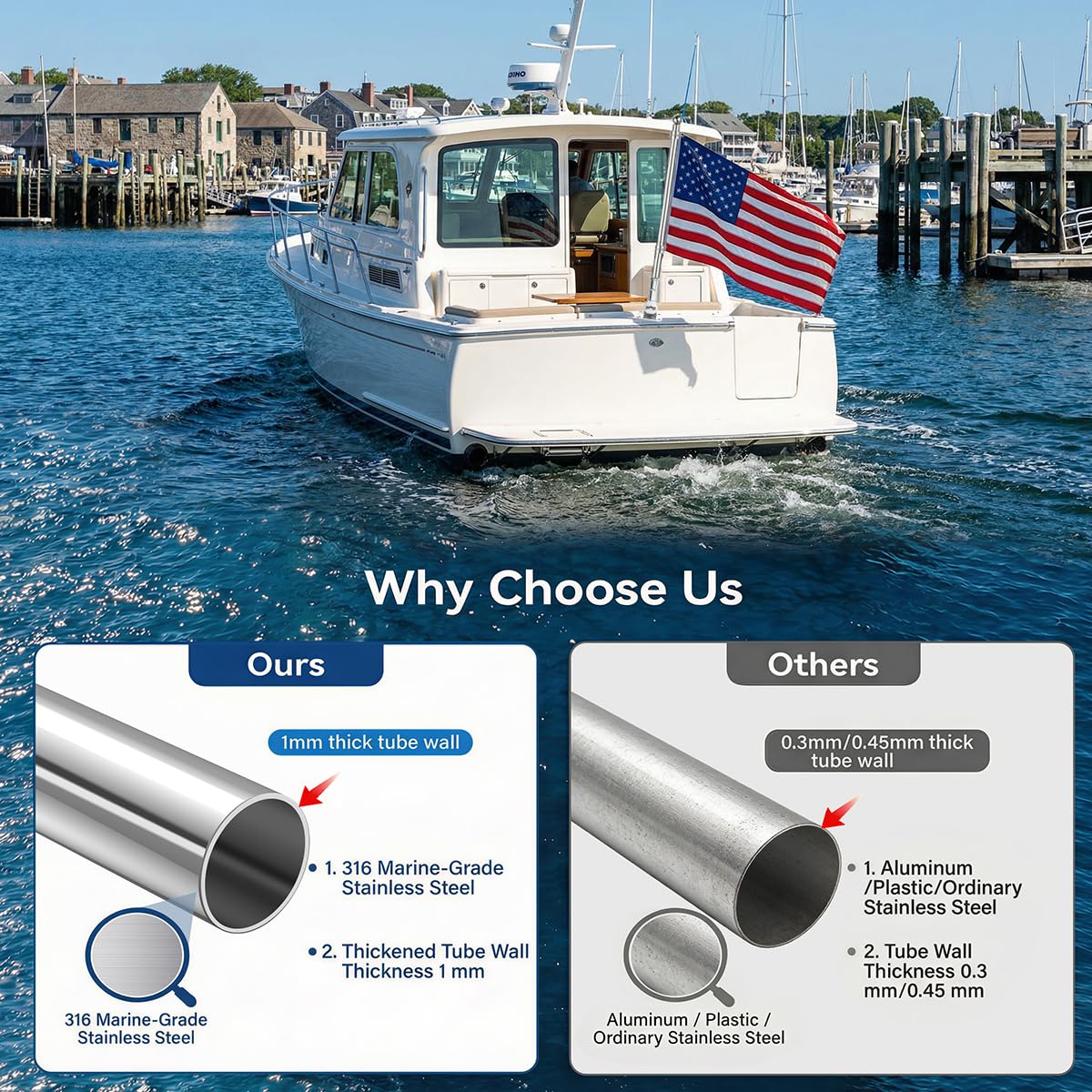 24 Inch 316 Stainless Steel Boat Flag Pole Kit with Mounting Base V702002