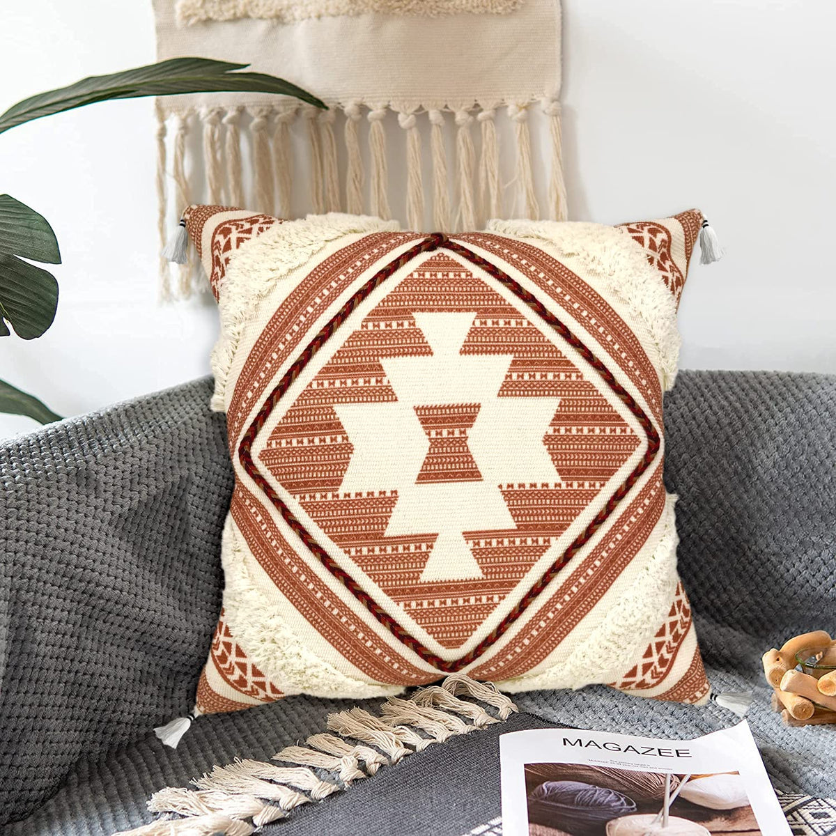 Boho Decorative Throw Pillow Cover with Tassels Fringe 18''x18'' Q369254