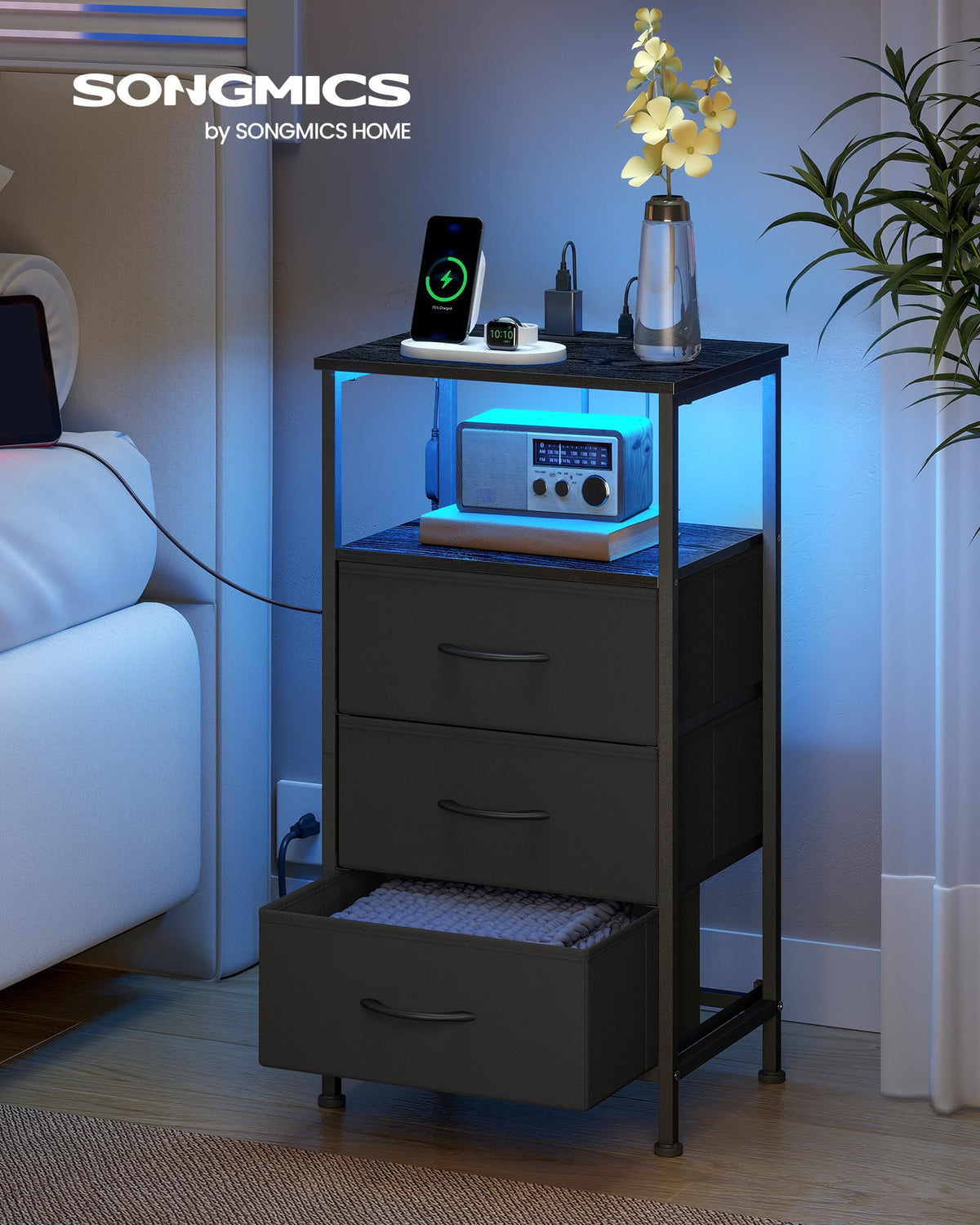 Nightstand with Charging Station, 3 Fabric Drawers I882658