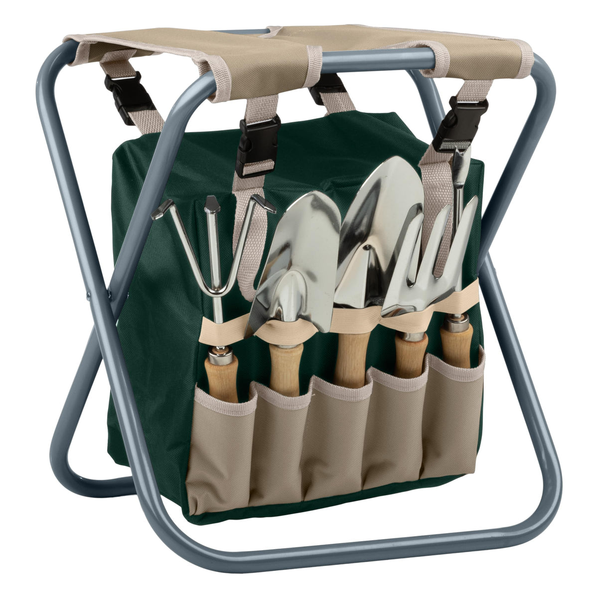 Folding Garden Stool with Tool Bag and 5 Garden Tools U30349