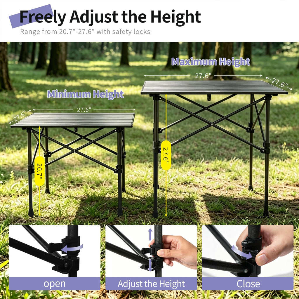 Square Folding Adjustable Height Camping Table, Black K3749