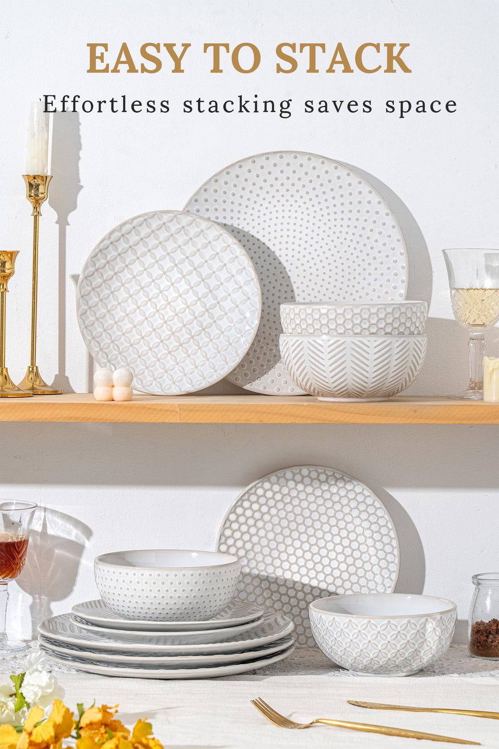 12 Piece Embossed Stoneware Dinnerware Sets for 4 J955