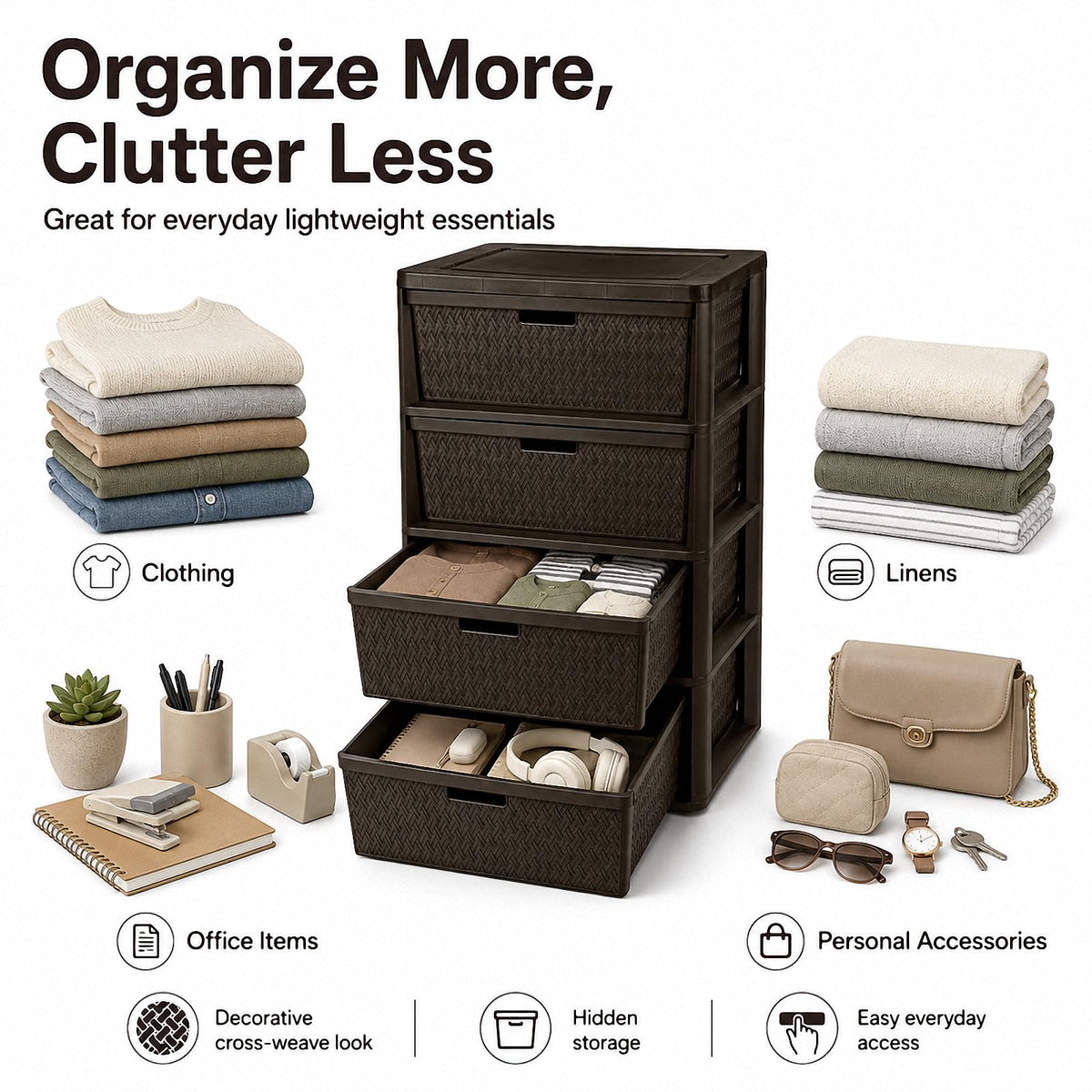 4 Drawer Brown Plastic Storage Tower E650