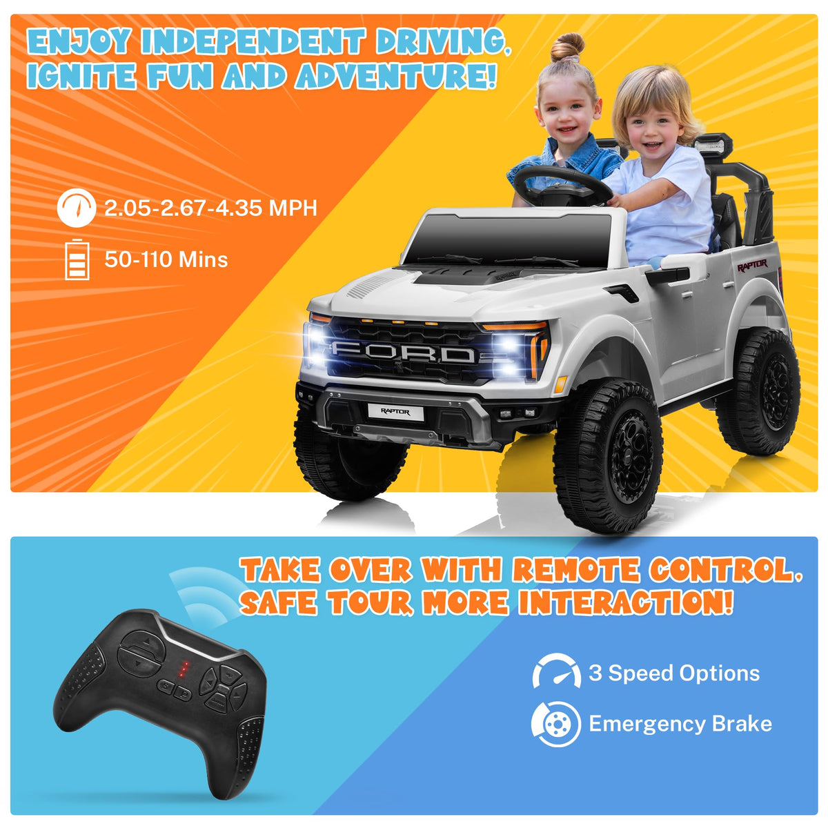 White 24V 2 Seater Kids Ride on Truck with Parent Remote Control D70646