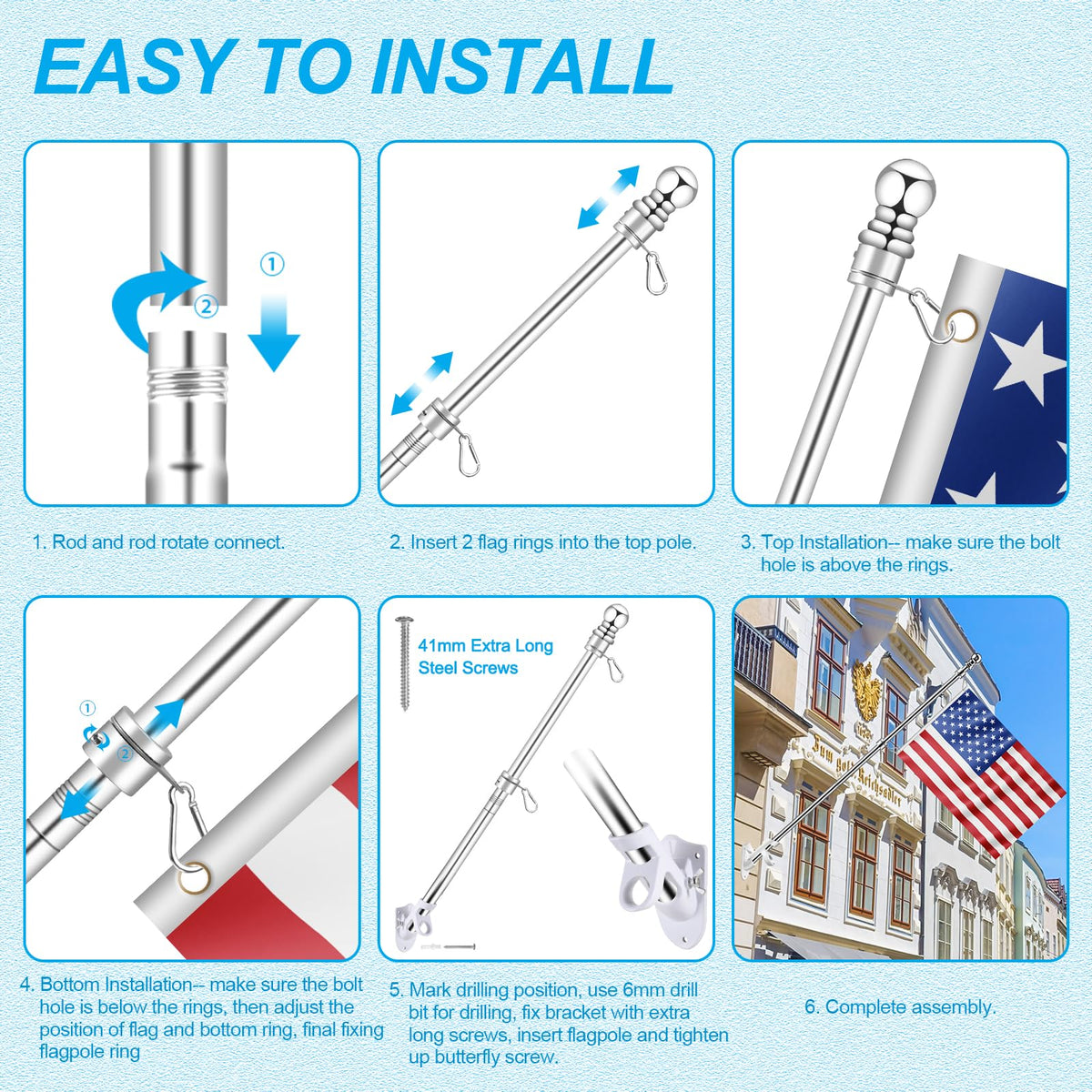 Silver 7 FT Metal Flagpole Kit and 304 Stainless Steel Flagpole Clips R76641