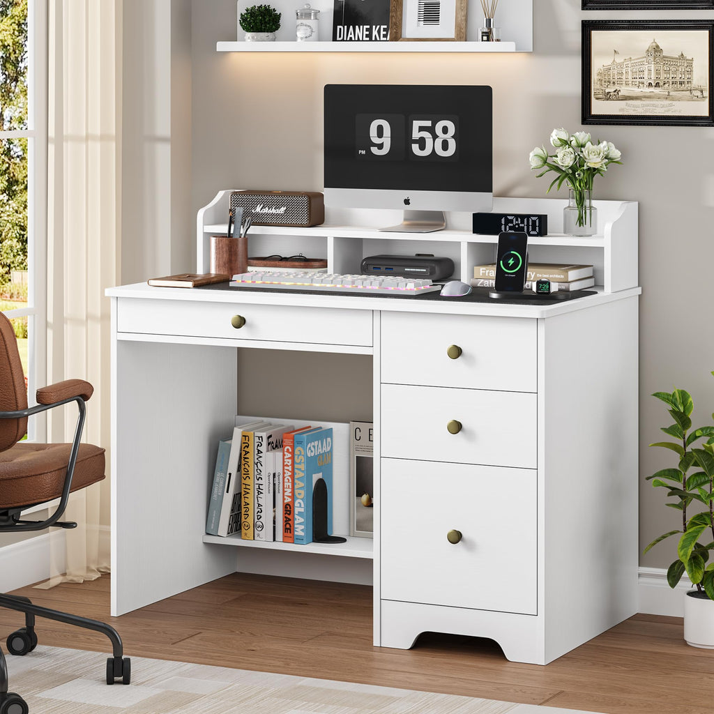 White Computer Desk with Drawers and Hutch Shelf M142251