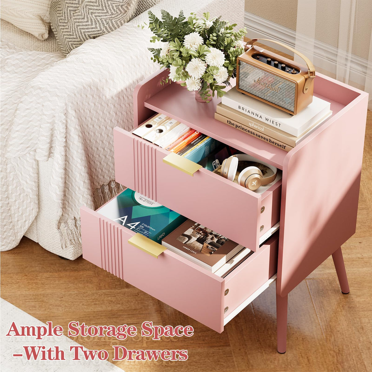 Pink 2 Drawer Wooden Nightstand R87325