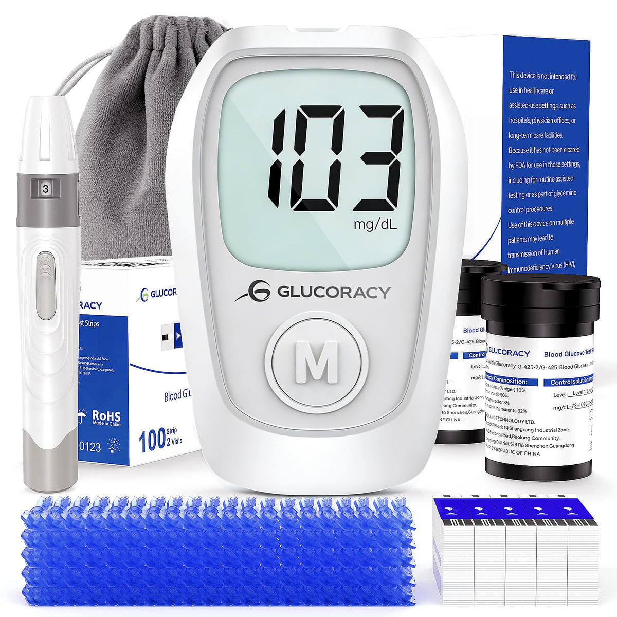 Glucose Monitor Kit, 100 Blood Glucose Strips, No Coding V10821