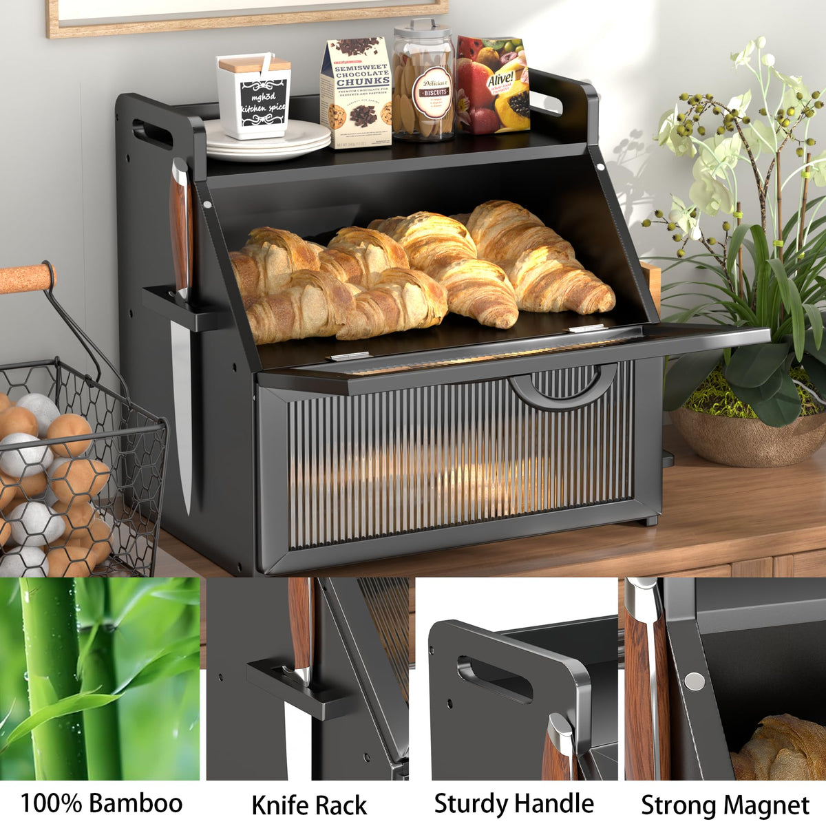 Large Black Wooden Bread Box with Acrylic Window A898