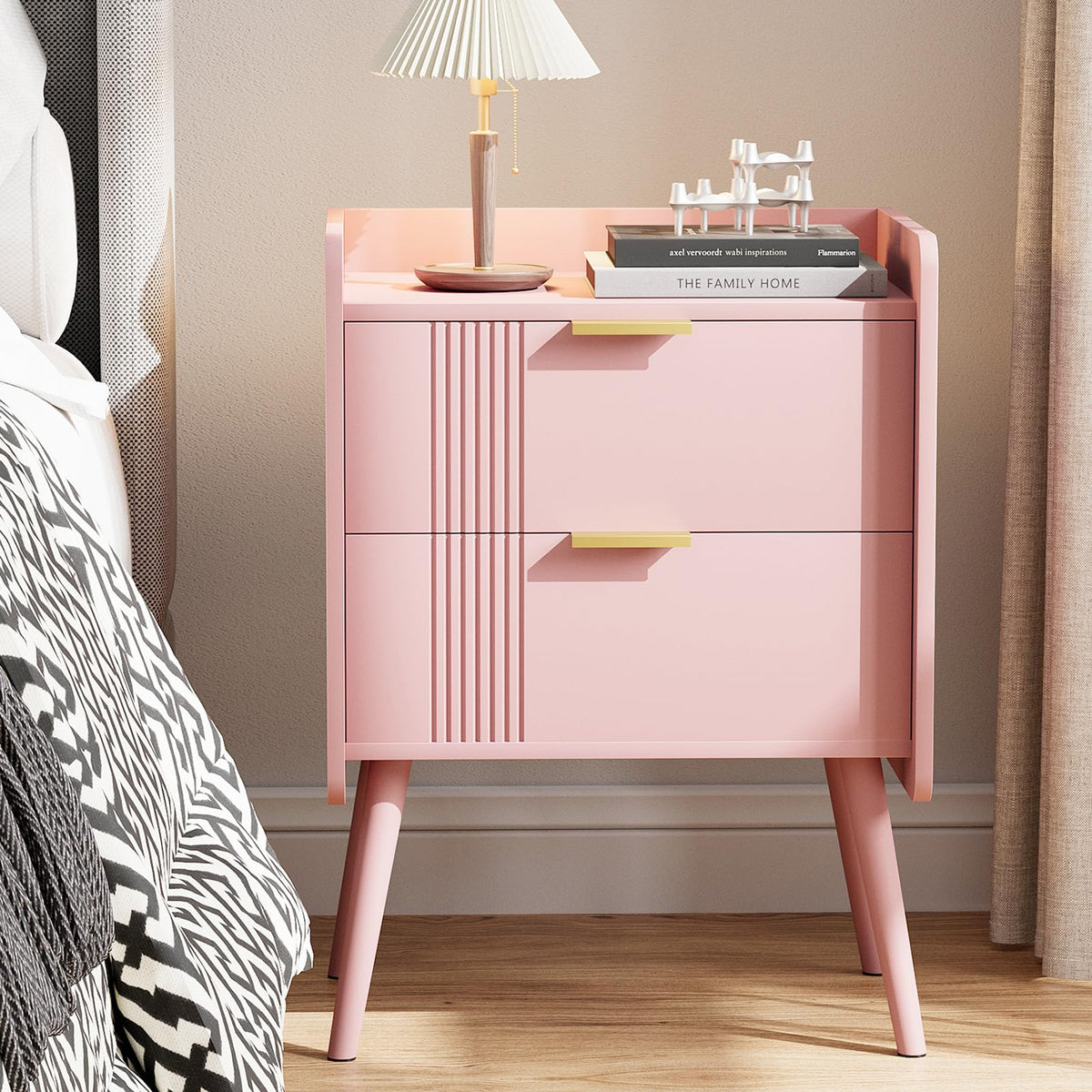 Pink 2 Drawer Wooden Nightstand R87325