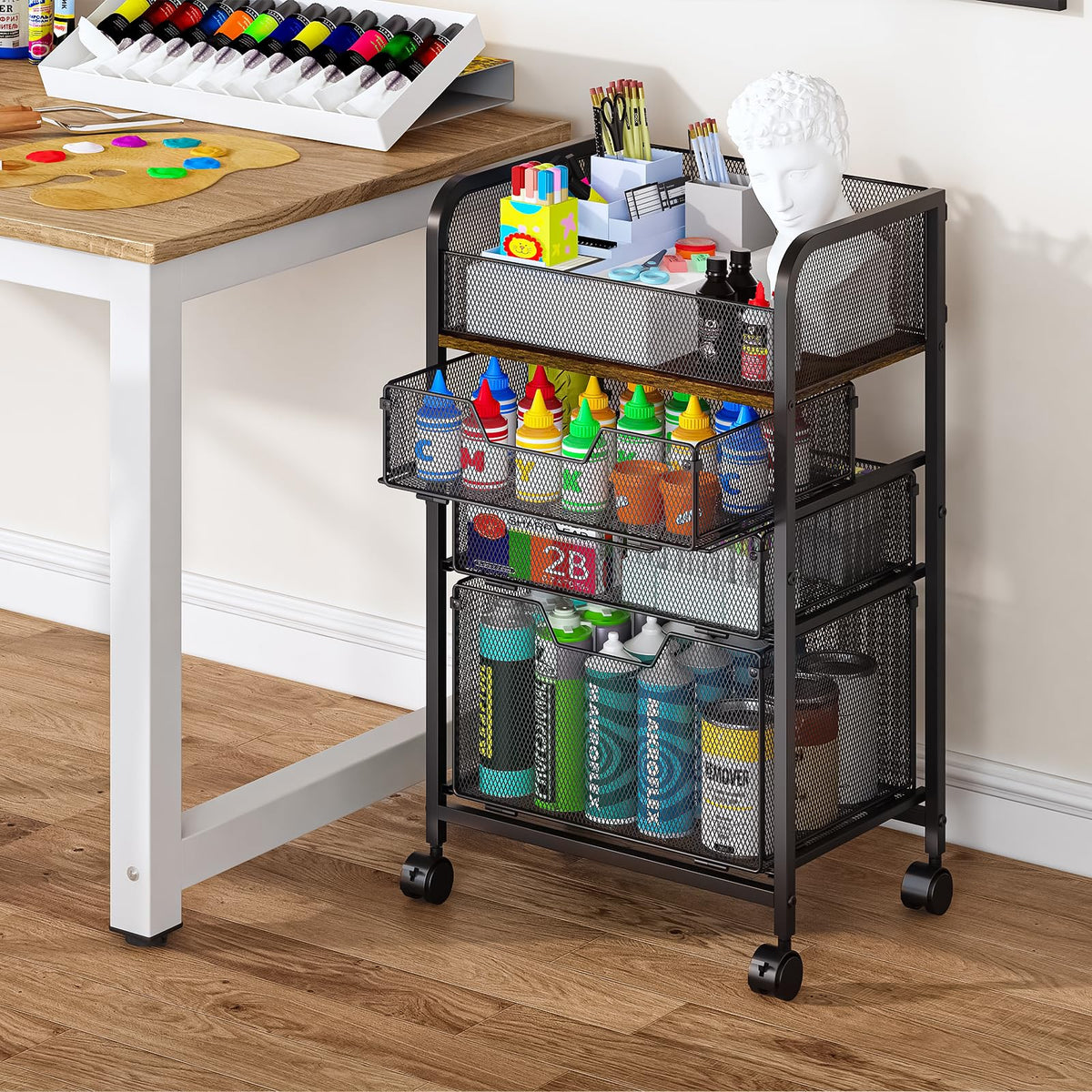 4-Tier Rolling Utility Cart with 3 Drawers Q779