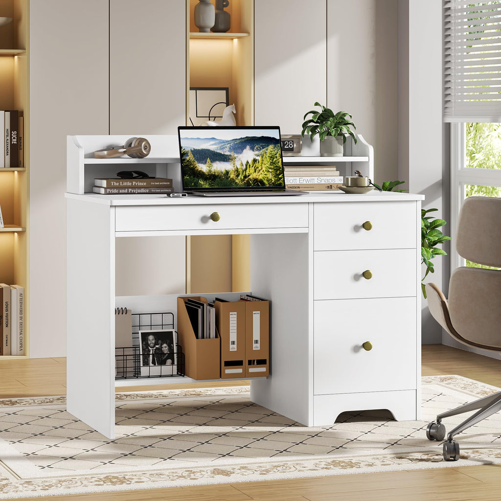 White Computer Desk with Drawers and Hutch Shelf M142251