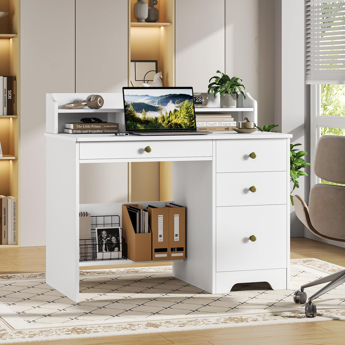 White Computer Desk with Drawers and Hutch Shelf M142251