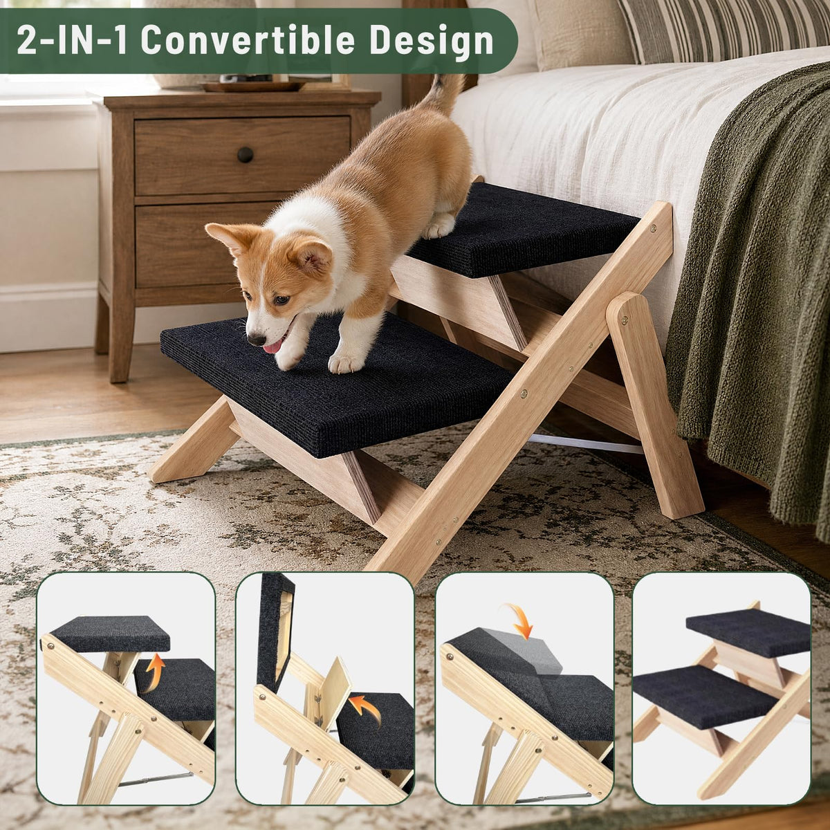 Wooden 2-in-1 Foldable Pet Stairs & Ramp H783