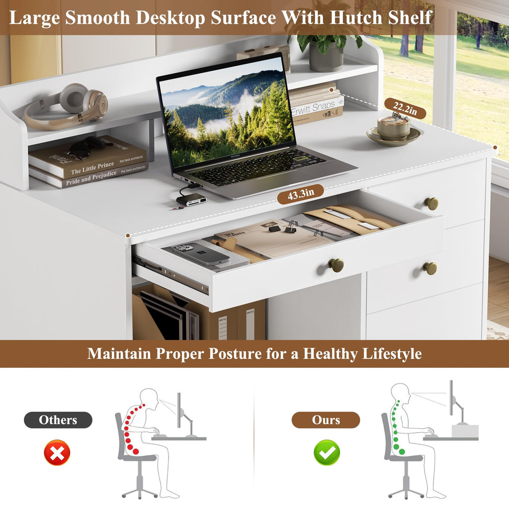 White Computer Desk with Drawers and Hutch Shelf M142251