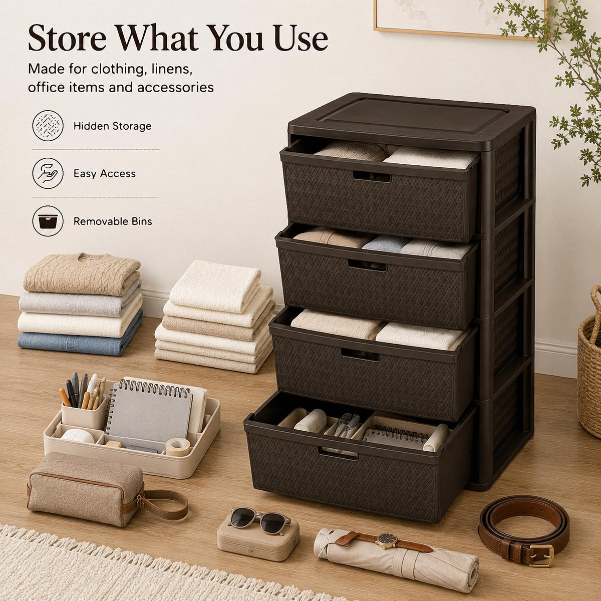4 Drawer Brown Plastic Storage Tower E650