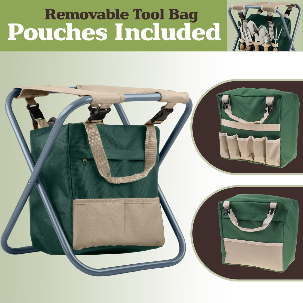 Folding Garden Stool with Tool Bag and 5 Garden Tools U30349