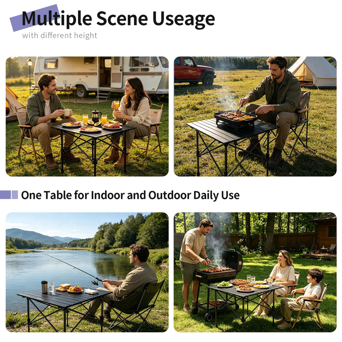 Square Folding Adjustable Height Camping Table, Black K3749