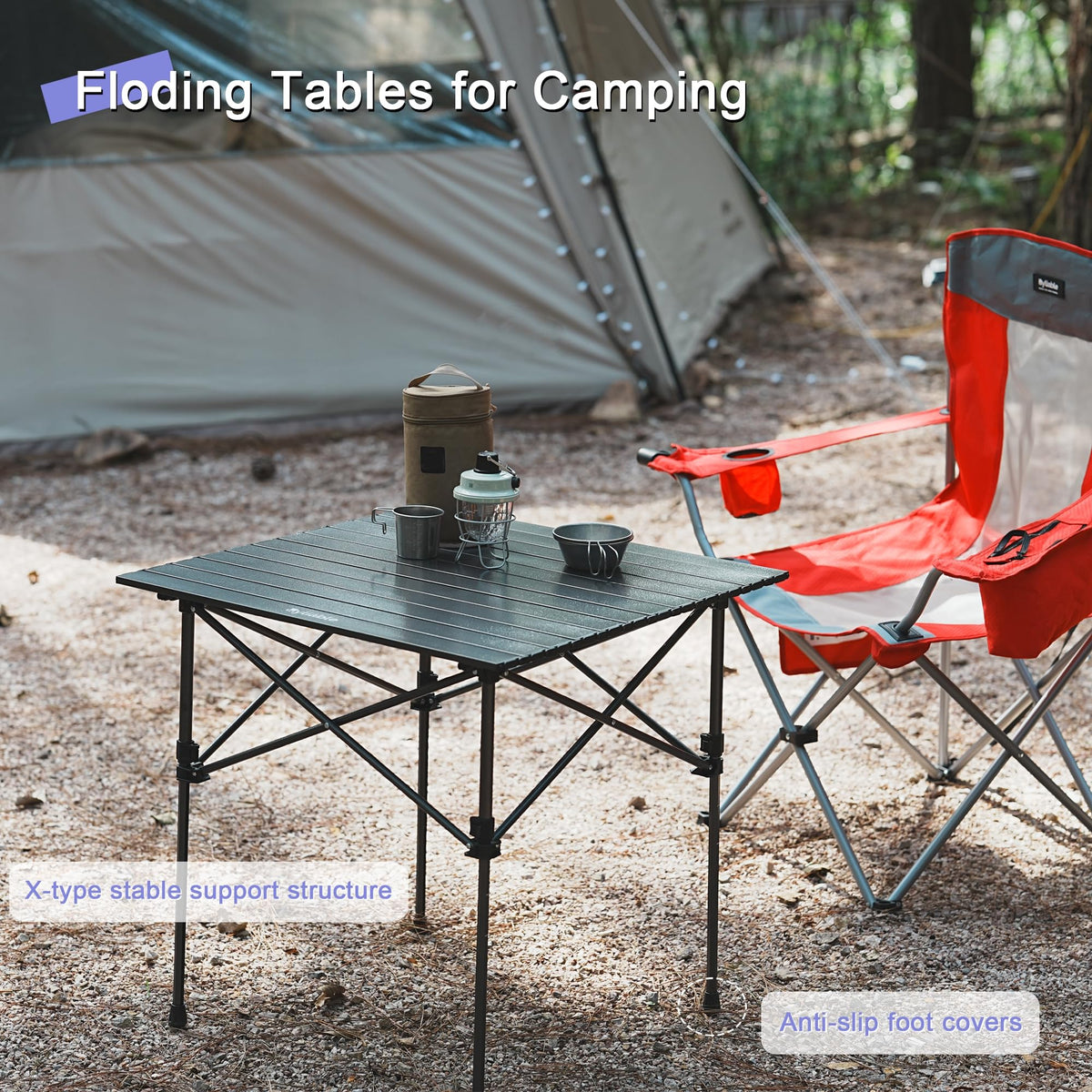 Square Folding Adjustable Height Camping Table, Black K3749