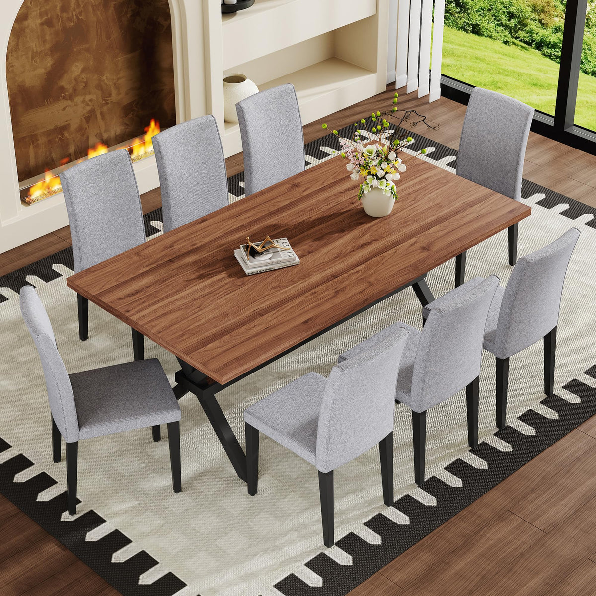 9 Piece Dining Table Set with Splicing Wood Top V2052