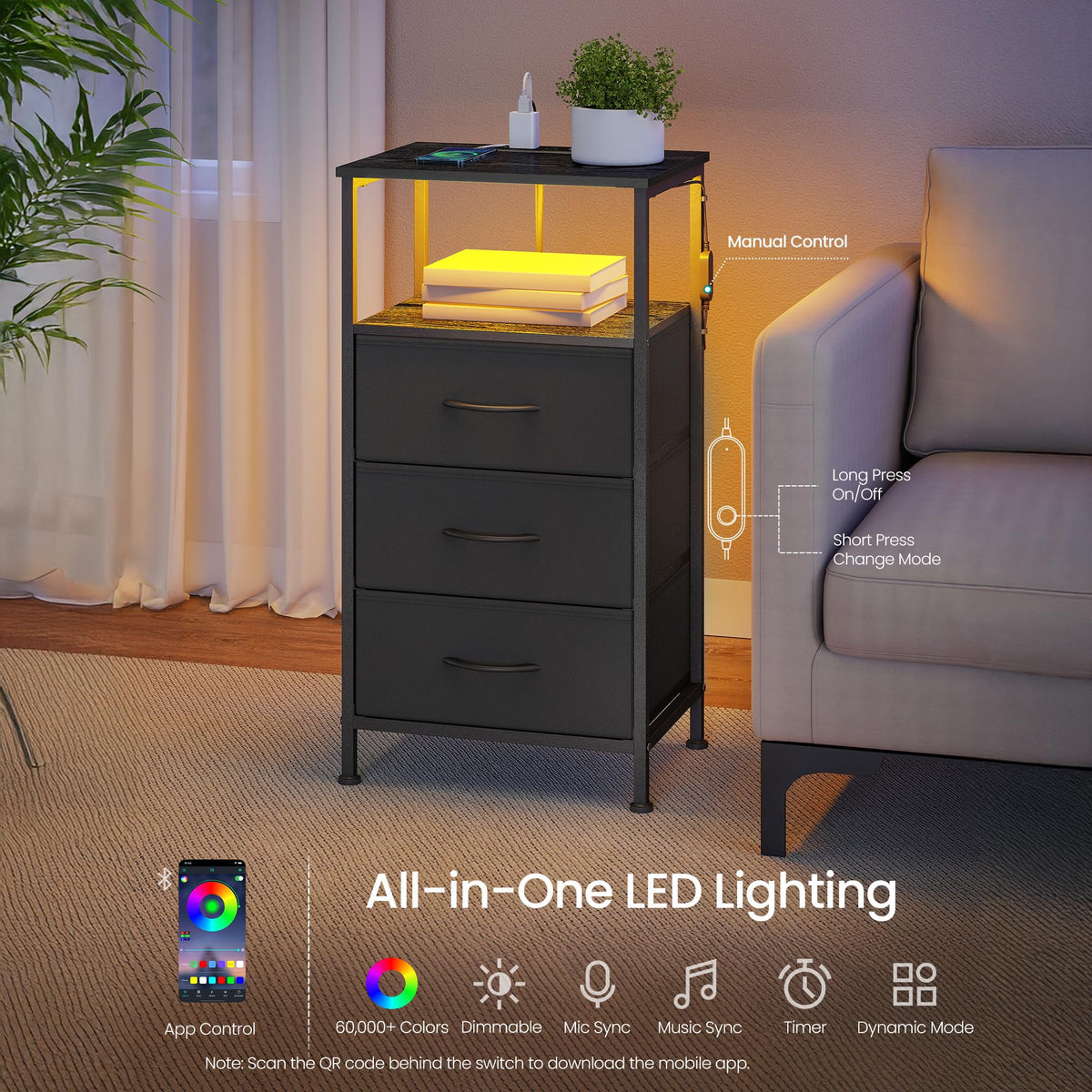 Nightstand with Charging Station, 3 Fabric Drawers I882658