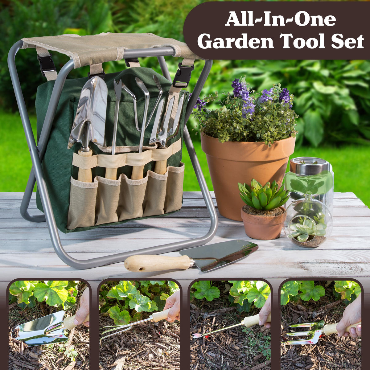 Folding Garden Stool with Tool Bag and 5 Garden Tools U30349