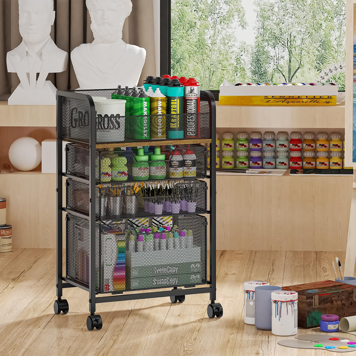 4-Tier Rolling Utility Cart with 3 Drawers Q779
