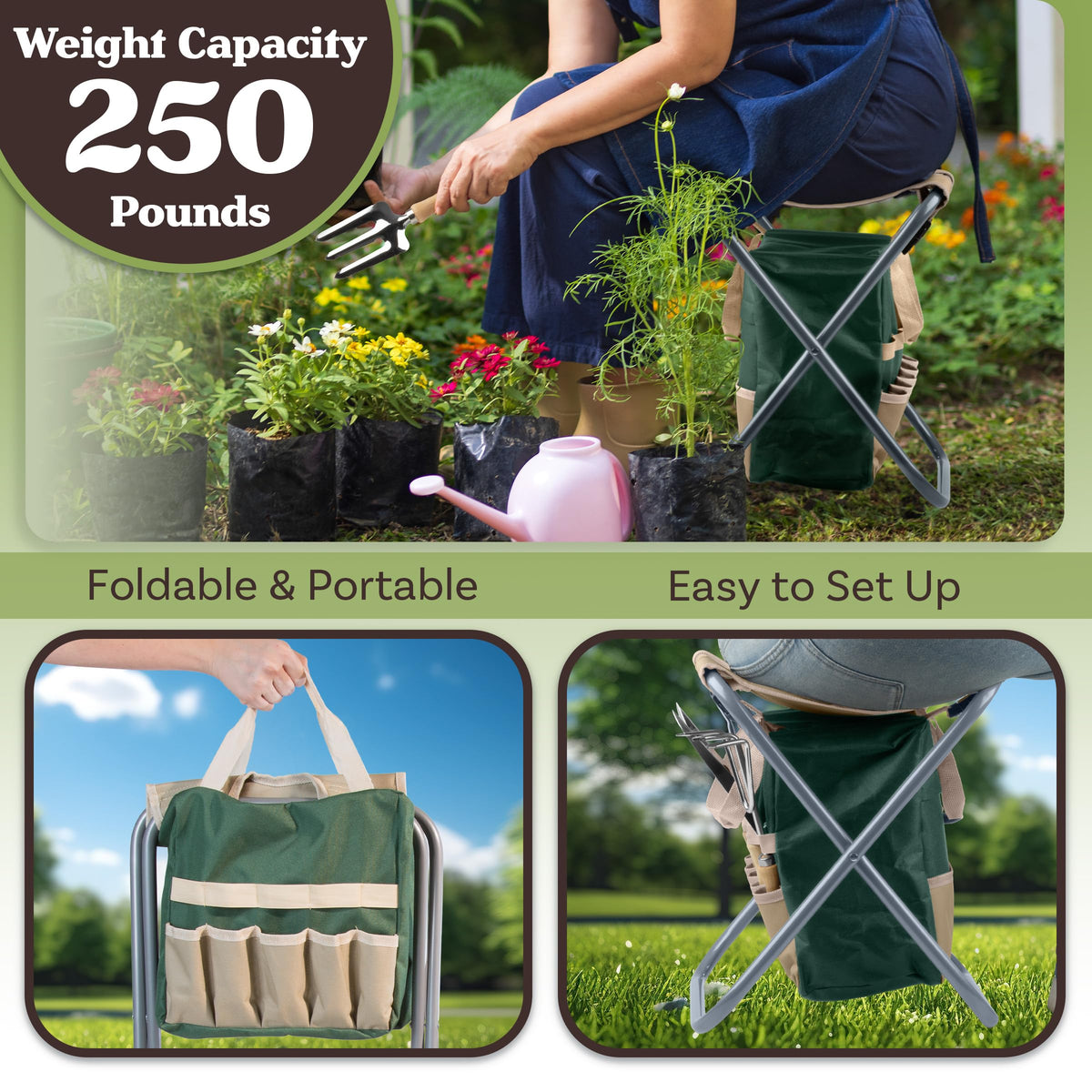 Folding Garden Stool with Tool Bag and 5 Garden Tools U30349